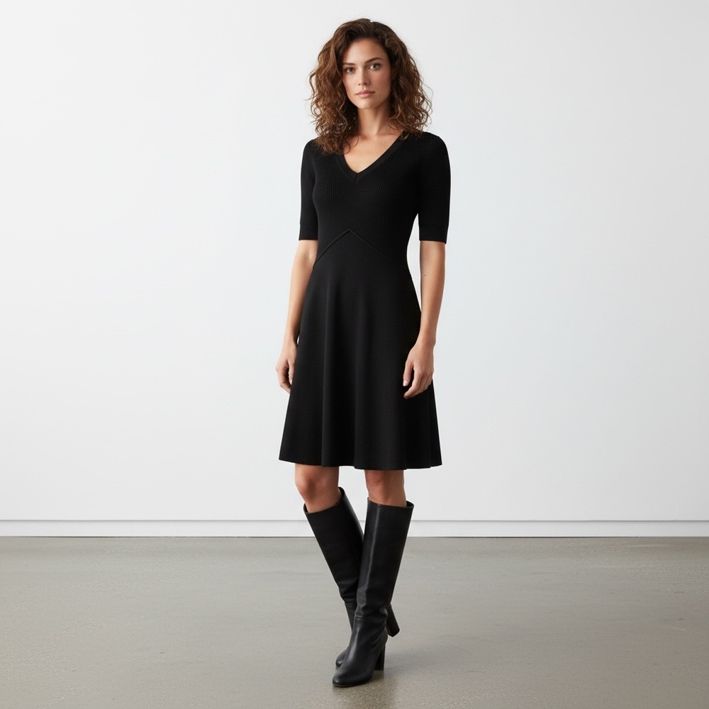 Theory Black Cashmere Mixed Rib V-Neck Flare Short Sleeve Midi Sweater Dress - Picture 3 of 9